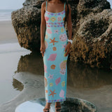 Shopmocho Women y2k Vintage Starfish Sequins Maxi Dress Sexy Sleeveless Bodycon Tank Dress Backless Summer Beach Party Long Dresses