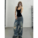 SHOPMOCHO High Waist Ripped Women's Blue Jeans Hip-hop Style Fashion Vintage Streetwear Y2K Wide Leg Jean 2000s Trouser Baggy Denim Pants