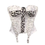 SHOPMOCHO Women Gothic Skull Print Strapless Corset Top Fuzzy Leopard Splice Lace Trim Double Lace Up Slim Waist Cincher Alt Y2K Bustie