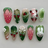 Shopmocho 24pcs Press on Nails Tips Strawberry Rabbit Design Almond False Nails Sets Gradient Green Fake Nail Finished Detachable Manicure