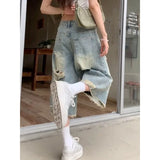 Shopmocho Summer New Oversized Wide Leg Design High Street Y2k Ripped Edge Jeans for Women Hip Hop Loose Fitting Spicy Girl Cropped Pants