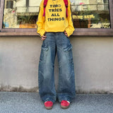 SHOPMOCHO Autumn Men's Hip Hop Fashion Pockets Baggy Jeans High Street Vintage Straight-Leg Denim Pantalones Harajuku Y2K Blue Cargo Jean