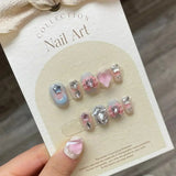 SHOPMOCHO 10Pcs Cute Handmade Press on Nails Short Korean Fake Nails with 3D Star Moon Nail Art Rhinestone Heart Artifical False Nails Art
