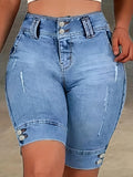 SHOPMOCHO Ladies' Blue Double-Buckle Waist Slim Fit Jeans