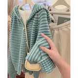 SHOPMOCHO Korean Style Green Knitted Cardigans for Women Casual Loose Knit Hooded Zipper Coats Autumn Winter Warm Sweater Jackets Tops