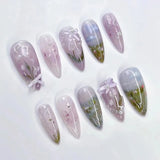 SHOPMOCHO 24Pcs Peach Blossom Press on Nails Cat's Eye Nude Glitter False Nail for Women&Girl Spring and Summer Detachable Wearable Nail