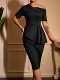 Shopmocho Women Off Shoulder Dress Elegant Asymmetric Neckline Bodycon Dress Fashionable Party Cocktail MIDI Dresses