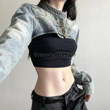 SHOPMOCHO Women Fashion Denim Jacket Y2K Aesthetic Vintage Sexy Crop Tops Coat Japanese Harajuku Streetwear Female Spring Summer Outerwear