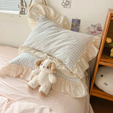Shopmocho Korean Princess Style Bedding Set Soft Skin-friendly Lattice Lace Ruffles Quilt Cover Plaid Style Duvet Covers Set Pillowcases