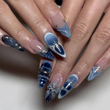 SHOPMOCHO 24Pcs Black Y2k Long False Nails with Almond Head Design Cat's Eye Silver Stripe Pattern Press on Fake Nails Wearable Nail Tips