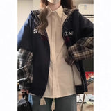 Shopmocho Two-Piece Illusion Plaid Hooded Sweatshirt Women's Spring Autumn Thin Style Design Sensibility Niche Loose Fit Idle Style Couple