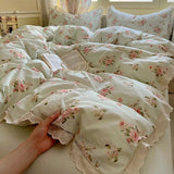 SHOPMOCHO Washed Cotton Duvet Cover Sets Single/Queen/king Flower Printed Bedding Set Princess Style e housse de couette 220x240 with Lace
