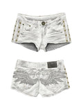 SHOPMOCHO Y2K Hot Girl Angel Wings Embroidered Vest Denim Shorts Suit Retro Sexy Shorts Subculture Punk Rivet Design Low-Waisted Pants