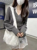 SHOPMOCHO Fashionable Retro V-neck Long-sleeved Sweater Japanese Sweet and Fashionable Knitted Sweater Millennium Y2k Long Sleeve Sweater