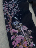 SHOPMOCHO American New Fashion Vintage Cherry Blossom Pattern Embroidered Blue Jeans Women Y2K Street Wild Straight Wide-leg Trousers