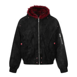 SHOPMOCHO American Dark Gothic Streetwear Cropped Hooded Jacket Men Women Red Faux Fur Lined Oversized Zip Up Rivet Winter Outerwear