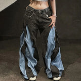 SHOPMOCHO American Y2K Street Color Stitching Washed Jeans Female Y2K Harajuku Hip Hop Popular Baggy Slim Spice Girl Wide-leg Mop Pants