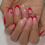 Shopmocho 24pcs Sweet Letter Press On Nails Cute Cherry Bowknots Ladybug Strawberry Decor False Nails Blush Pink Almond Fake Nail For Girl