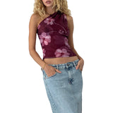 Shopmocho Combhasaki Women's Summer Y2K Vintage Fashion Tank Tops Sleeveless Ruched One Shoulder Aesthetic Flower Print Slim Fit Vest