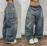 SHOPMOCHO American Street Trend Letter Embroidered Loose Jeans Men Harajuku Y2K New Hip Hop Oversized Wide-leg Pants Unisex Mopping Jeans