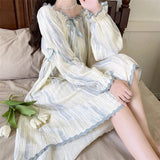 SHOPMOCHO Women Pajamas Dress Princess Style Sweet Long Sleeve Nightdress Round Neck Wide Striped Bow Cute Girly Midi Dress Night Wear
