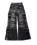 SHOPMOCHO New Retro Blue Gothic Fashion Washed Old Casual Jeans Men Y2K Streetwear Vintage Popular High Waist Baggy Wide-leg Pants