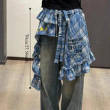 Shopmocho Adjustable Star Layer Outfits Plaid Skirt Hip-hop Sweet Lace Up Hip Scarf Korean Style Y2K Ruffled Edge Waistband Jeans Decor