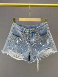 SHOPMOCHO Y2K Distressed Diamond Tassel Blue Short Jeans Ripped Loose Wide Leg Denim Shorts 2025 Korean Women Fashion Casual Shorts