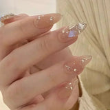 Shopmocho 24Pcs Almond Pure Handmade Press On Nails Full Cover Butterfly French Pearl Diamond False Nails Wearable Manicure Nail Tips Art