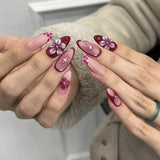 SHOPMOCHO 24PCS Simple Ins Dark Pink Blush 3D Flower Almond False Nails with Glue Leopard Print French Spice Girls Fake Nail Tips Press On
