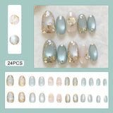 SHOPMOCHO 24pcs False Nails Glossy Green Summer Almond Fake Nail Tips Wearable Detachable Fashion Flower Print Press on Nails for Girl