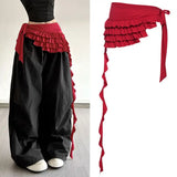 SHOPMOCHO Embroidered Flower Lace Mini Skirt Irregular See Through Ruched Skirts Lace-up Design High Waist Pleated Skirts