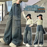 SHOPMOCHO Girls Cargo Jeans Kids Wide-legged Denim Pants Teenagers Fashion Streetwear Loose Trousers Children Casual Clothes 5-12Y