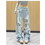 SHOPMOCHO High Waist Wide Leg Denim Jeans Women's Summer New Style High Street Hole Design Slimming Long Trousers Trendy Fashion