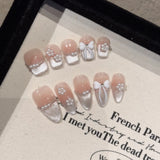 Shopmocho Handmade Press on Nails Sweet Bowknot Pearl Decor French Fake Nails for Women Girl Wearable Shiny Cat Eye Bride False Nail Tips