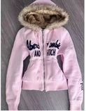 SHOPMOCHO Retro Y2K American Spice Girl Coat Leopard Print Powder Black Contrast Stitching Skull Letter printed Hooded Sweater