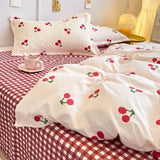 Shopmocho Ins Style Duvet Cover Set with Flat Sheet Pillowcases Cute Orange Cherry Crow Printed Single Double Queen Size Girls Bedding Kit