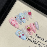 Shopmocho Handmade Press on Nails Ins Sweet Pink Blue Color Fake Nails for Girls Wearable 3D Cherry Love Star Korean Cute False Nail Tips