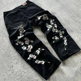 Shopmocho Harajuku Hip Hop baggy jeans Y2K goth plum blossom Embroidered high quality jeans women man American style men women street wear