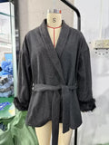 SHOPMOCHO American Fashionable V-neck Lapel Furry Sleeves Lace-up Long-sleeved Woolen Coat Elegant Lace-up Long-sleeved Wool Coat