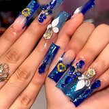 Shopmocho 24pcs Rhinestones Full Cover Nail Art Datachable Glitter French Press on Nails Tip Flower Long Square Fake Nail Pink False Nails