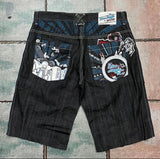 SHOPMOCHO American Washed Ecko Denim Shorts Mens Hip-hop Rock Street Fashion Pattern Straight Pants Harajuku Trend Wide Pants