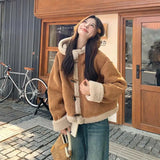 Shopmocho New Fashion Horn Button Hooded Lamb Fur Coat Women Clothing Winter Coats New Loose Thick Suede Brown Short Jacket for Women