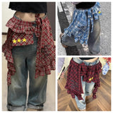 Shopmocho Adjustable Star Layer Outfits Plaid Skirt Hip-hop Sweet Lace Up Hip Scarf Korean Style Y2K Ruffled Edge Waistband Jeans Decor