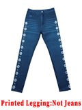 SHOPMOCHO Fashion Women Faux Denim Printed Skinny Pants, High Elastic Seamless Fake Pocket Casual Sports Long Leggings