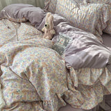 SHOPMOCHO 3/4Pcs Korean Princess Style Floral Ruffles Bedding Set Skin-friendly Soft Duvet Cover Set Bed Sheet Or Bed Skirt Pillowcases