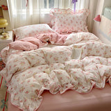 SHOPMOCHO Ruffles Bedding Set Floral Style Duvet Cover Pillowcase with Bedsheet Skin-friendly Bed Linen Set Girls Room Bedclothes 이불세트