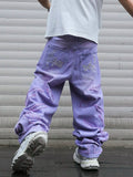 SHOPMOCHO High - street style purple distressed frayed jeans for men, loose, trendy street hip - hop wide - leg pants