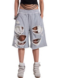 SHOPMOCHO  Gray Distressed Baggy Shorts Women Casual Grunge Wide Leg Sport Shorts Hip Hop Streetwear Oversized Holes Sweatpants