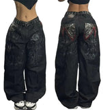 Shopmocho 2025 New American Trend Retro Hip-hop Embroidery Pattern Baggy Jeans For Men And Women Y2K Harajuku Gothic Wide Pants Streetwear
